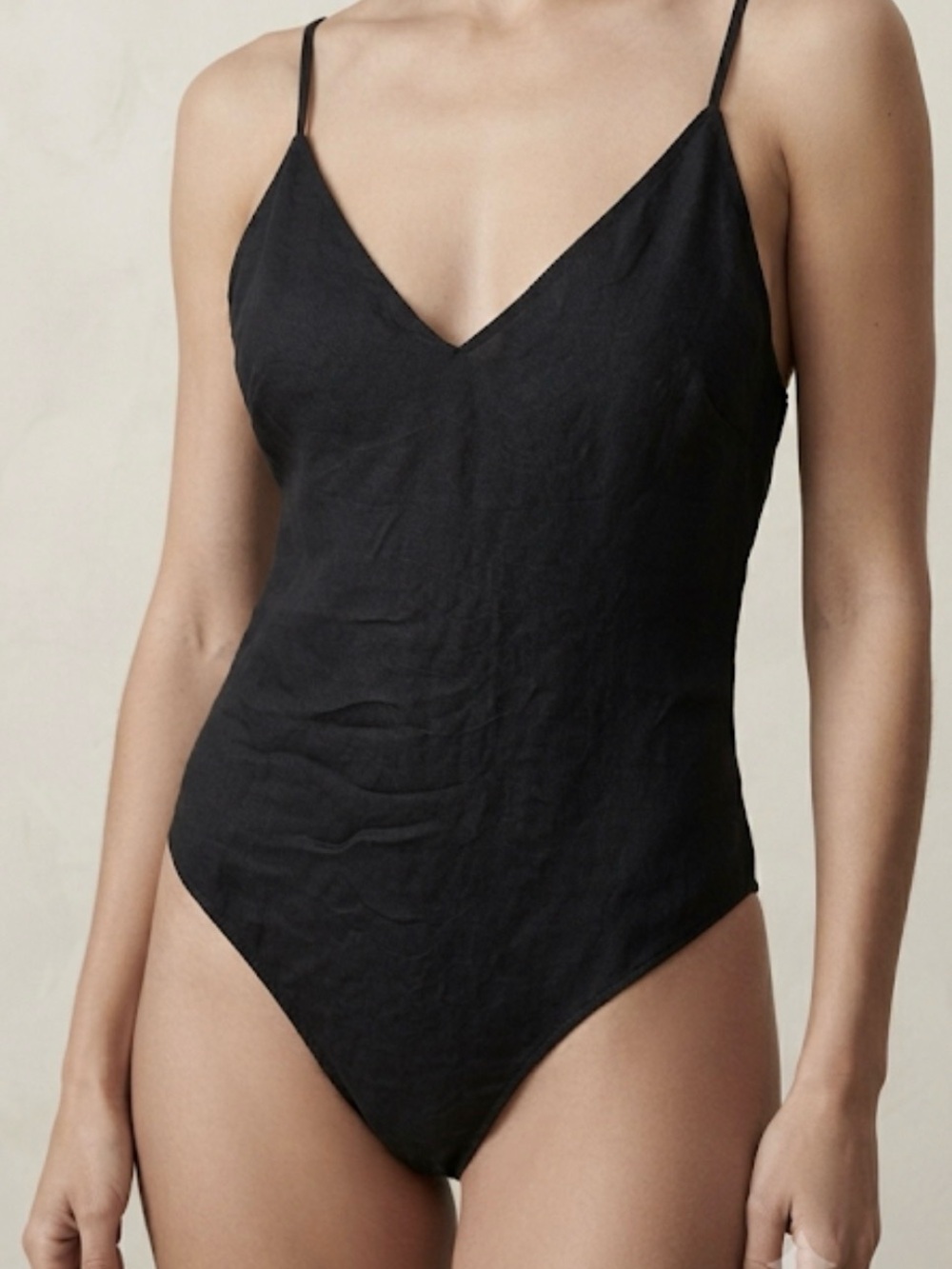 Vintage Lasoie 100% Silk Bodysuit - Minimalist Black V-Neck Camisole - Size L
